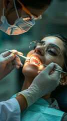 Wall Mural - a dental consultation, with a patient beaming at the camera while receiving a dental treatment.