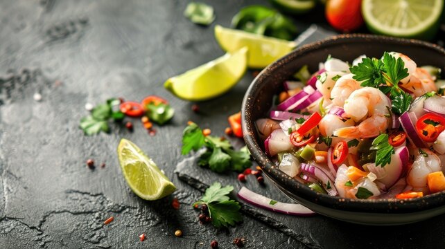 Fresh shrimp ceviche in bowl garnished with herbs and spices, lime wedges on side