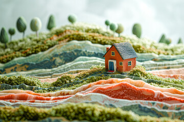 Sticker - an artistic geological slice of land, structured as a layered dessert with a charming toy house nestled on the verdant surface, all against a simple background to enhance focus