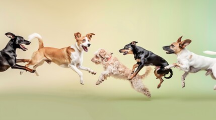 Aufkleber - Young dogs jumping playing flying Cute doggies or pets are looking happy isolated on colorful or gradient background Studio Creative collage of different breeds of dogs Flyer for your  : Generative AI