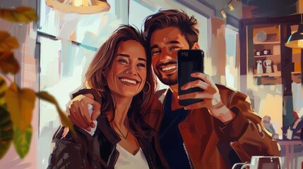 carefree love young married couple taking selfie in cafe happy life digital painting