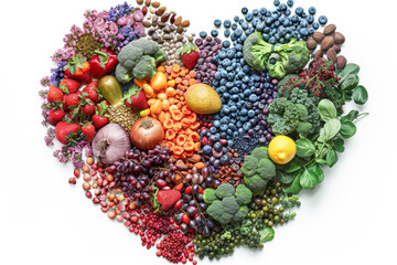 Sticker - heart-shaped display of superfoods, with vibrant colors and realistic shadows, highlighting the harmony of nutrition and nature