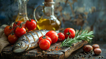 Poster - Mediterranean diet ingredients, olive oil, tomatoes, fish and herbs, elegant simplicity.