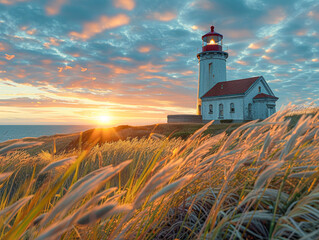 Poster - A panoramic view of a historic lighthouse at sunset, the last rays of sun casting long shadows over the wild grasses, creating a tapestry of light and color.