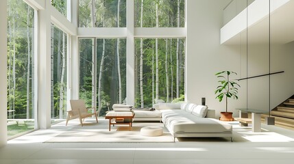 Poster - interior living room with bright clean white walls airy green forest view and minimalist furnishings : Generative AI