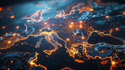 Wall Mural - Abstract digital map of Europe with glowing lights and connections, representing global connectivity and data transfer across the European continent. 3D rendering