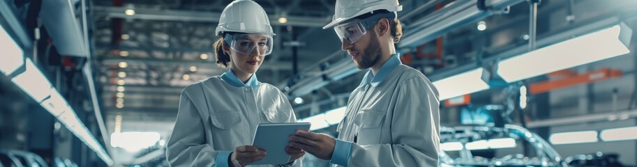 Poster - in a stateoftheart automotive factory, professional industrial engineers use modern technology to ov