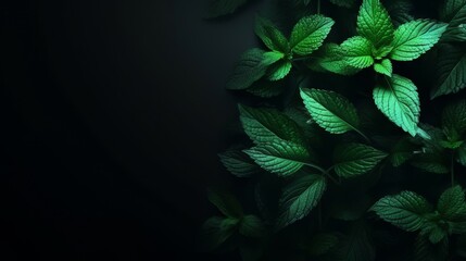 Wall Mural - mint leaves from top view in dark background.