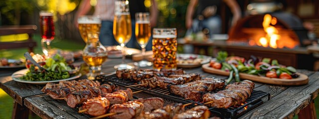 The dinner table in the backyard has delicious meat and beer, grilled on the barbecue, salads 