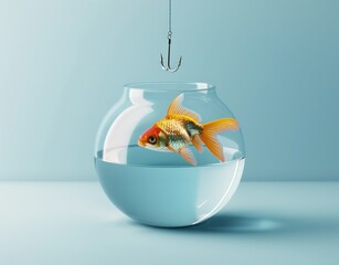 Wall Mural - Goldfish in fish bowl with hook on blue background in 3d, concept of nature and beauty in underwater world