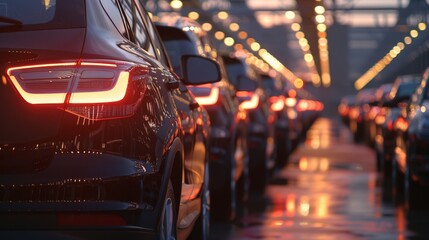 Poster - A modern automotive factory showcases cuttingedge technology with a highefficiency assembly line and tail lights glowing, symbolizing precision in car manufacturing and advanced industry practices