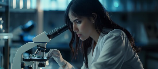 Wall Mural - A young woman scientist is doing research in a laboratory using a microscope, wearing a lab coat. Her work involves scientific experiments and discoveries in biology and chemistry