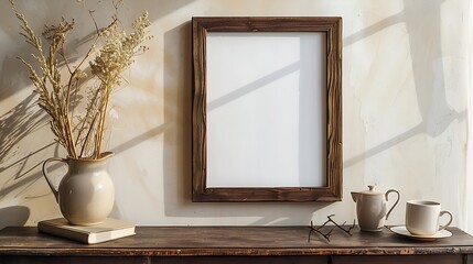 Poster - Empty wooden picture frame mockup hanging on beige wall background Boho shaped vase dry flowers on table Cup of coffee old books Working space home office Art poster display Modern int : Generative AI