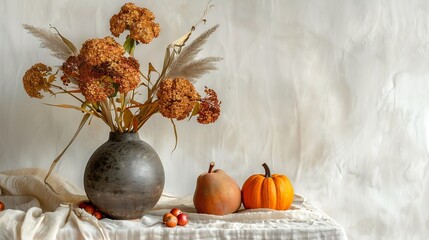 Poster - Autumn fall still life Big ceramic vase with dry hydrangea flowers grass boho bouquet Orange pumpkins and pear fruit on linen table cloth White wall background Halloween Thanksgiving h : Generative AI