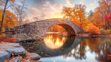 Poster - stone bridge stretches over a mirror-like river, the calm waters doubling the spectacle of fall colors, the whole scene basked in the warm glow of a peaceful sunset.