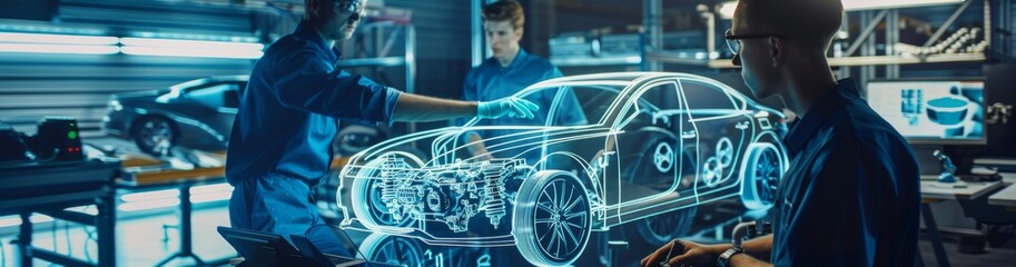 Aufkleber - In a stateoftheart automotive workshop, engineers are examining a futuristic car hologram, displaying cuttingedge innovation in automotive design in a technologically advanced environment