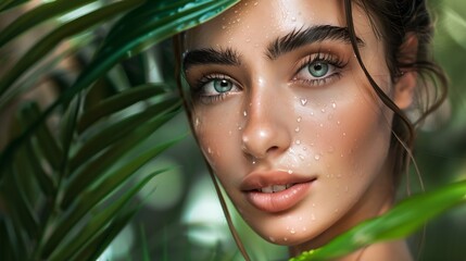 Beautiful woman portrait with fresh wet skin and green plant : Generative AI