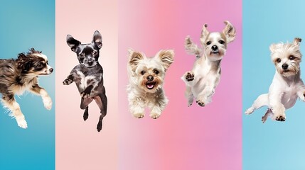 Aufkleber - Young dogs jumping playing flying Cute doggies or pets are looking happy isolated on colorful or gradient background Studio Creative collage of different breeds of dogs Flyer for your  : Generative AI