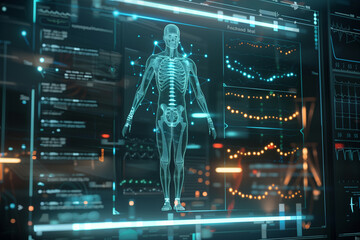 The hologram modern virtual screen interface not only shows electronic medical records but also allows for an in-depth analysis of DNA sequences, helping doctors identify and under