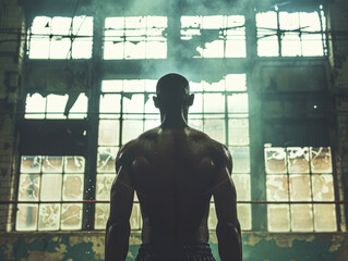 Wall Mural - a boxer's silhouette against the backdrop of a stark, industrial-style gym, emphasizing the raw, primal energy of the fight.