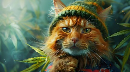 surreal ragamuffin cat wearing cannabis reggae clothing in studio lighting