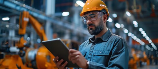 Poster - an engineer is studying data on a tablet in a modern factory with a background of industrial robotic