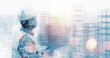 © Have a nice day  - Engineering worker industry double exposure city, computer laptop technology concept, communication connectivity planning innovation, contractor technician, architect, city background blue banner
