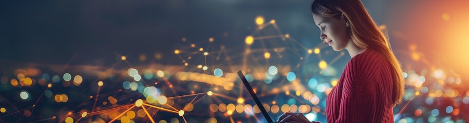 Poster - A young professional woman is deeply engaged with her laptop against a futuristic digital network backdrop, highlighting technology, innovation, and connectivity in contemporary business settings