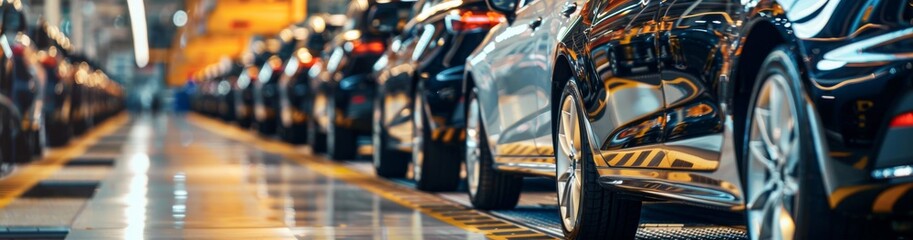 Poster - Modern car assembly line is crucial in automotive industry, showcasing advanced technology for efficient vehicle production, revealing industrial processes and automation in manufacturing