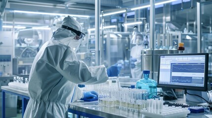Aufkleber - In a modern lab, a researcher in protective gear uses advanced technology for precise data analysis, conducting scientific experiments in a sterile environment with cuttingedge equipment