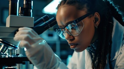 Aufkleber - In a biotechnology lab, a dedicated female scientist meticulously examines a specimen under a microscope, demonstrating her commitment to advancing healthcare research through scientific analysis