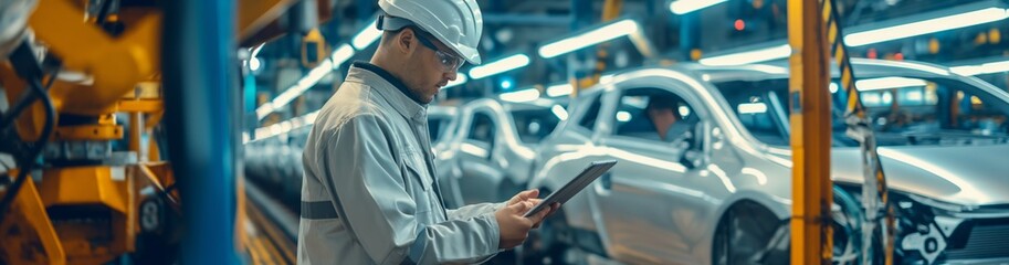 Poster - Skilled engineer manages hightech assembly line at car factory with innovation for precision, quality control, and safety, ensuring efficient operations and professionalism among workers