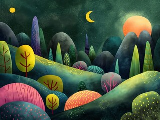 Wall Mural - A painting of a forest with a large moon and a small sun. The moon is in the middle of the sky and the sun is on the right side of the painting. The trees are all different colors and sizes