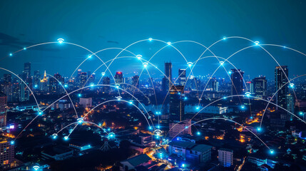 Poster - Smart city at night showcasing digital networks connecting buildings, highlighting advanced technology and interconnected urban infrastructure. Connected Smart City at Night with Digital Networks

