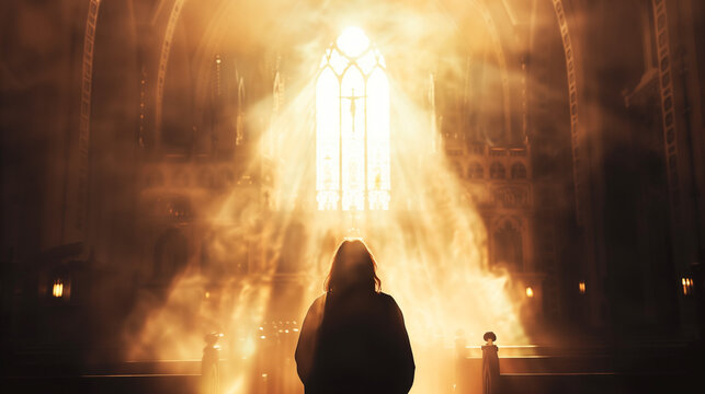 Jesus in the church, back view, worship concept