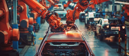 Poster - In a stateoftheart car manufacturing facility, advanced robotic arms on assembly lines construct vehicles with precision, efficiency, and innovation, driving the automotive industry forward