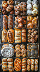 Poster - overhead view of an array of different bread types freshly arranged on a conveyor, capturing the variety and abundance in a high-quality bakery production line.