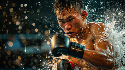 Wall Mural - a young fighter mid-combination punch, with a high-speed camera effect freezing the moment