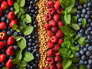 Poster - various superfoods including berries, nuts, and green leaves, forming an abstract pattern.