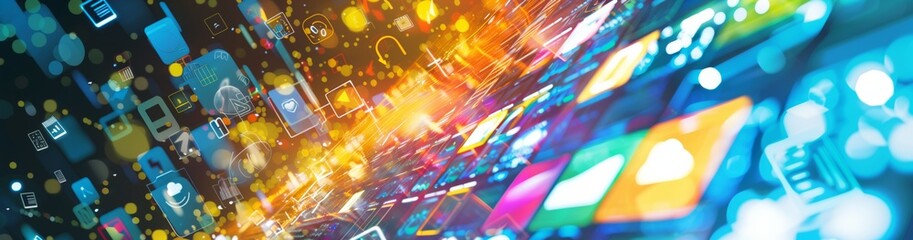 Poster - Digital tech background with vibrant icons, bokeh, and light effects symbolize data flow and innovation. Features in futuristic style representing connectivity in a dynamic cyberspace
