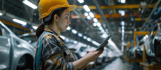 Poster - female engineer wearing a hard hat is using a tablet in a car manufacturing plant. she is involved i