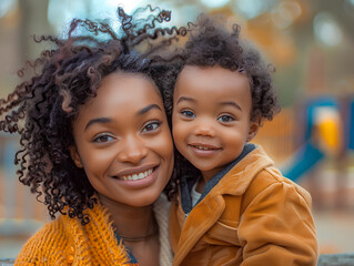 A smiling African-American child embraces their joyful mother outdoors, radiating love and happiness in the autumn sunlight