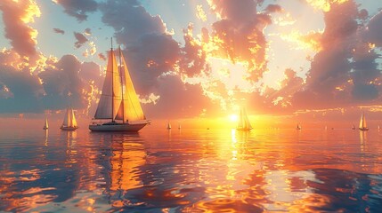 A breathtaking sunrise over a quiet harbor along with a fleet of sailboats sailing gracefully across the water.