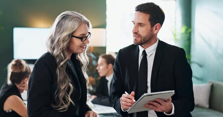 Poster - Tablet, manager and business people in office for meeting, project feedback and online report. Corporate lawyer, teamwork and man and women on digital tech for networking, planning and discussion