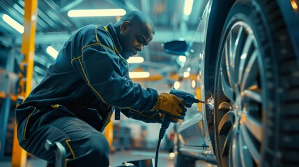 Aufkleber - A mechanic is working on a car in an auto repair shop, using a cutting wheel tool. This side view shows the precision and expertise of a professional technician in vehicle maintenance