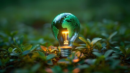 Green world map on the light bulb on green background .green energy. Renewable energy is important to the world