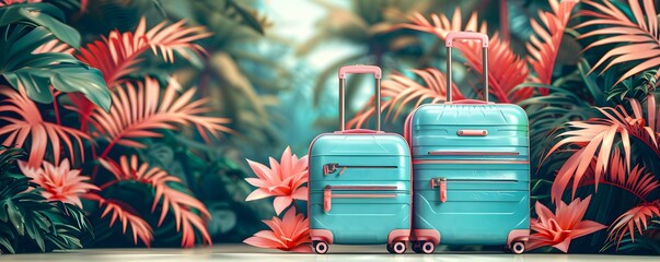 Wall Mural - Summer adventure vector design. Summer time text with blue luggage and vacation elements in background. Vector illustration summer travel design.