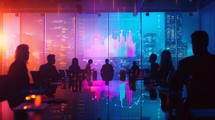 Aufkleber - A dynamic business meeting with a projected graph showing quarterly results, highlighting company progress.