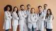 © YURIMA - Diverse medical professionals in lab coats smiling at the camera, showing unity and teamwork. The team includes doctors, nurses, surgeons, therapists, and other health professionals