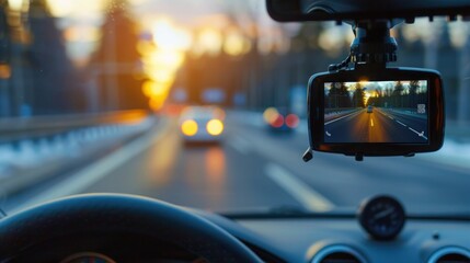 Modern dashboard camera mounted in car, view of road during driving